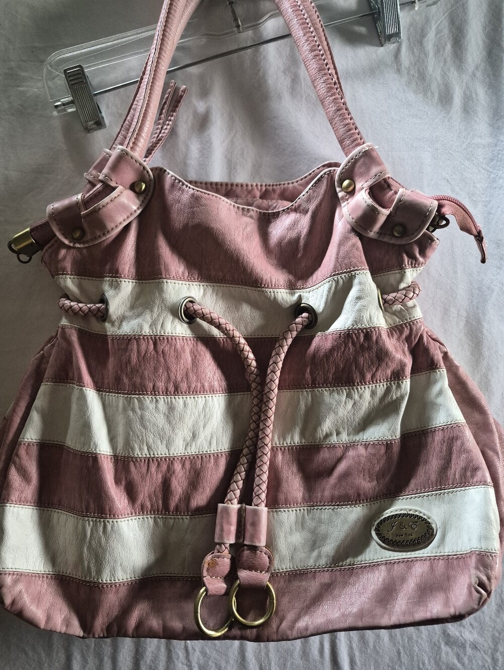 J&E Leather Striped Pink and White Drawstring Hobo Bag